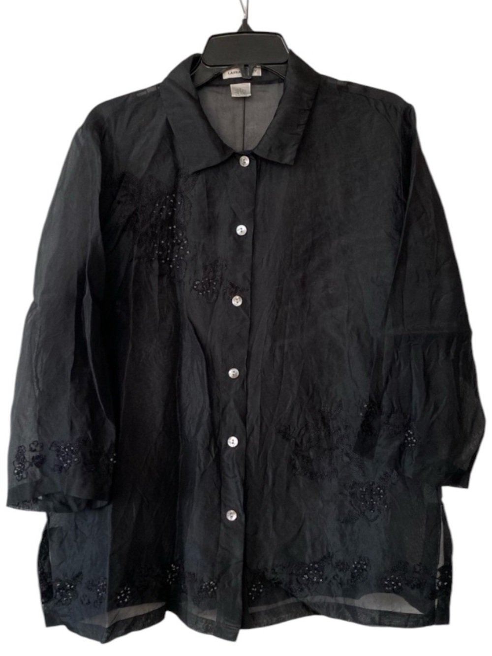 Laura Ashley Black Embroidered Button-Up Sheer Blouse Size L %100 Silk